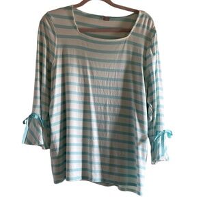 Chicos Square Neck 3/4 Sleeve Top, Aqua and White Stripes Large